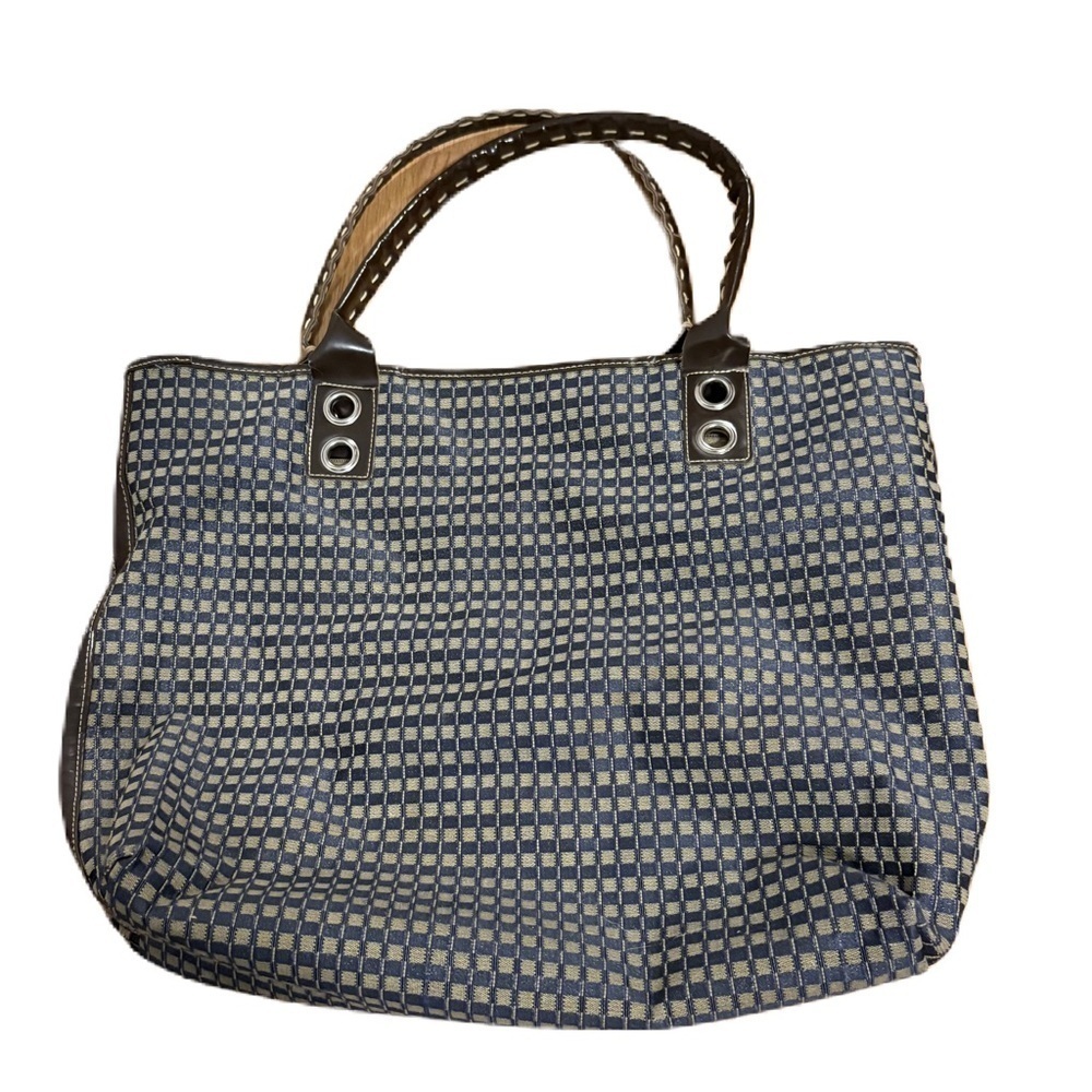 Stylish Chocolate Brown and Cream Checkered Tote Bag Woven Large Carryall